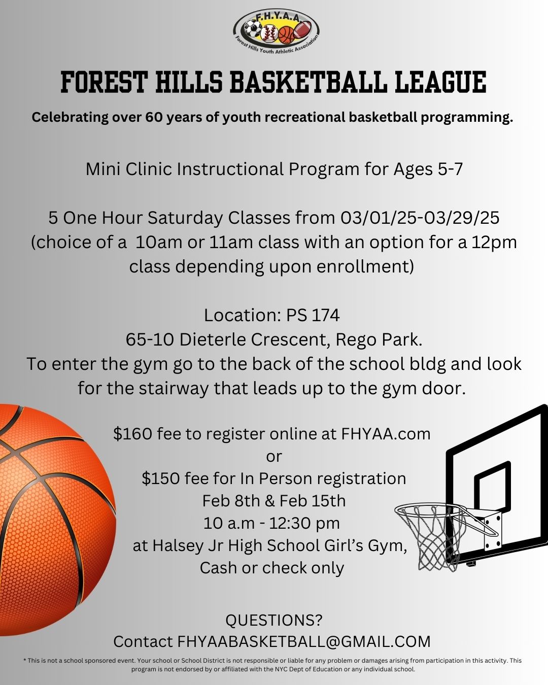 FHYAA basketball mini clini ages 5-7 flyer.